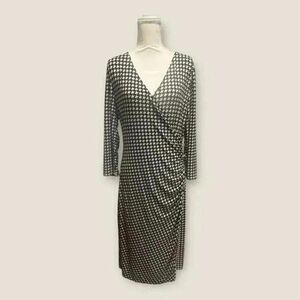 Ralph Lauren Women’s Large Houndstooth Wrap Dress 3/4 Sleeve Black White